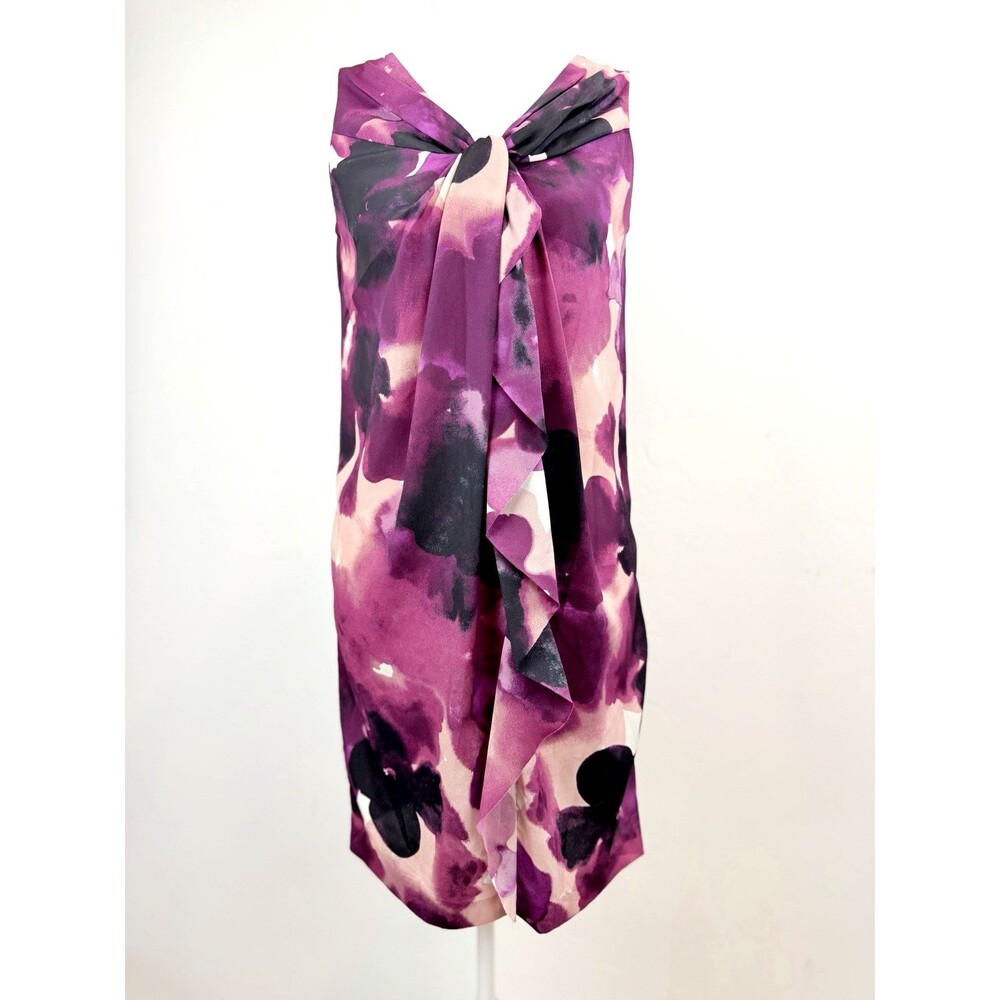 Ann Taylor Loft Petite Purple Floral Shift Dress Bow Neck Sleeveless 0P